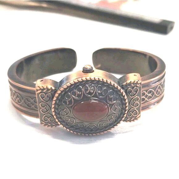 Southwestern Boho Copper Color Cuff Bracelet Hidden Watch Working New Battery main image 4